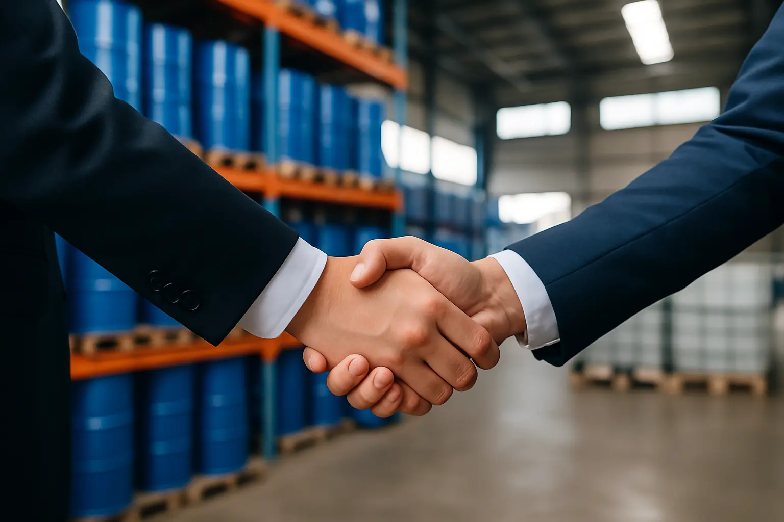 Business handshake symbolizing trust and partnership in the chemical industry.