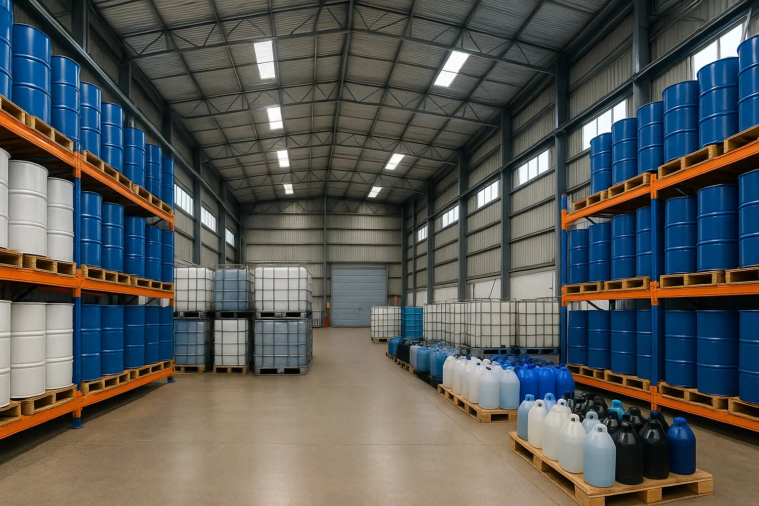 Long aisle inside a modern chemical warehouse with stacked shelves.