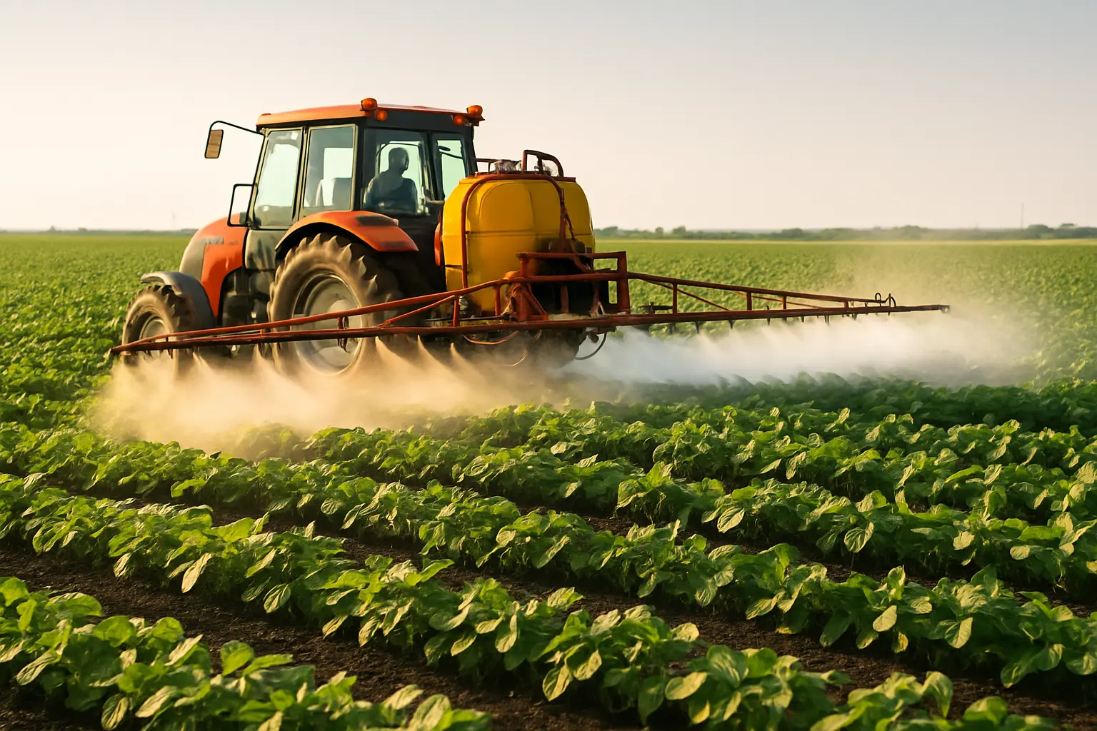 Agricultural tractor spraying crops with agrochemicals in a field.