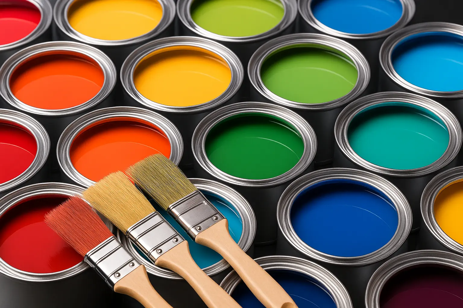 Open paint cans with vibrant coatings used in the chemical industry.