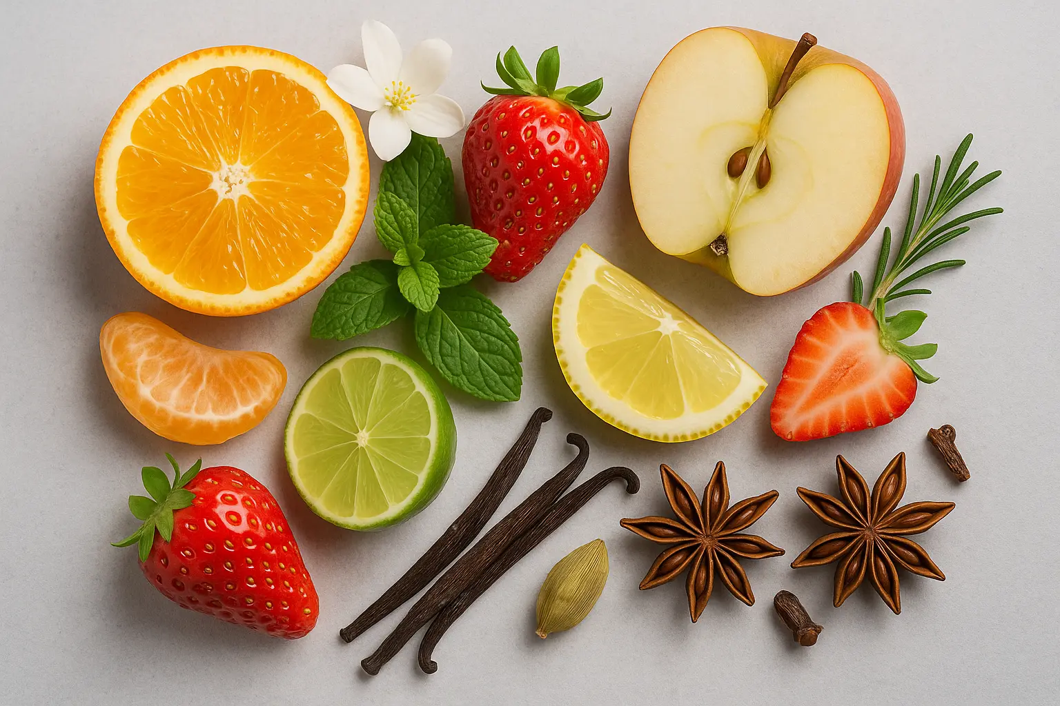 Fruits and essential oil bottles representing flavor and fragrance ingredients.