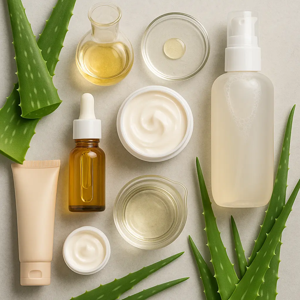 Skincare and personal care bottles displayed with natural plant leaves.