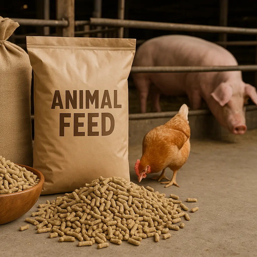 Close-up of livestock feed pellets and packaging for the feed industry.