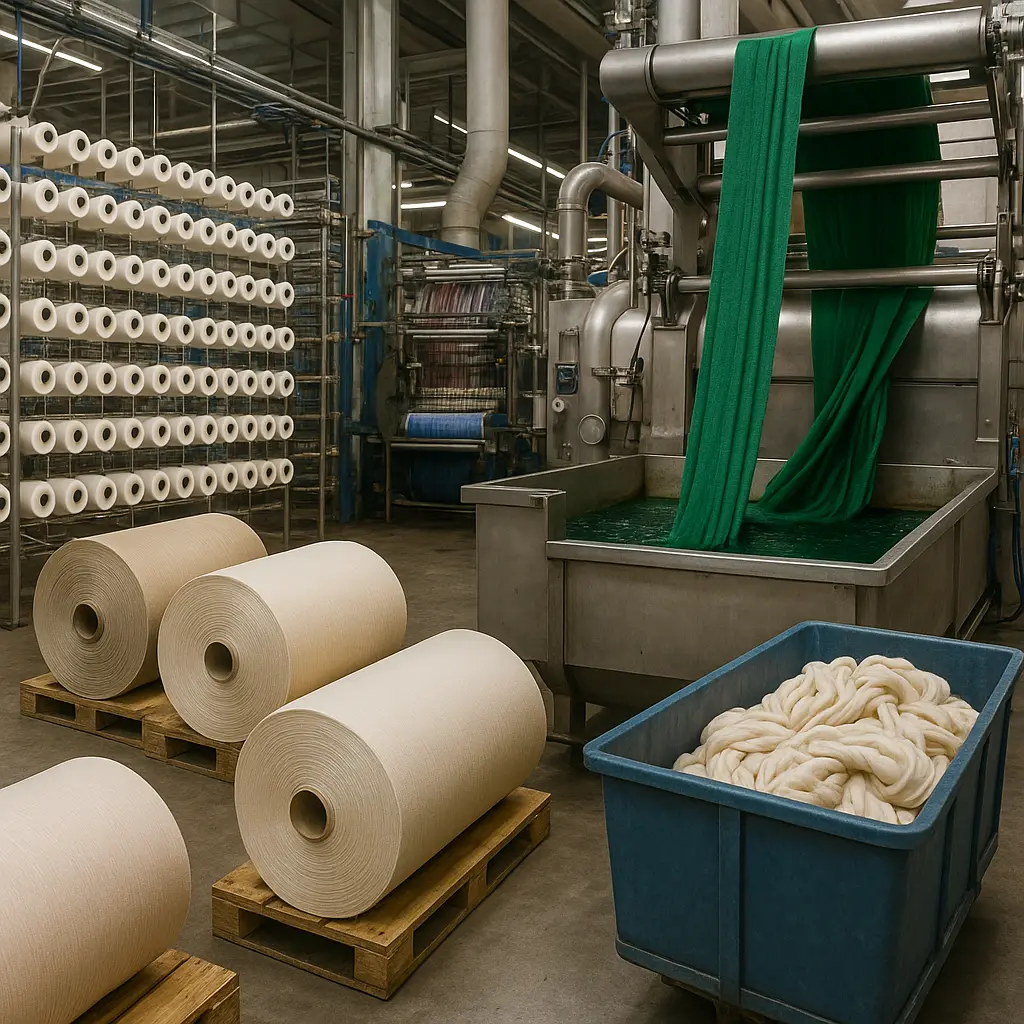 Industrial textile processing unit with rolls of dyed fabric.