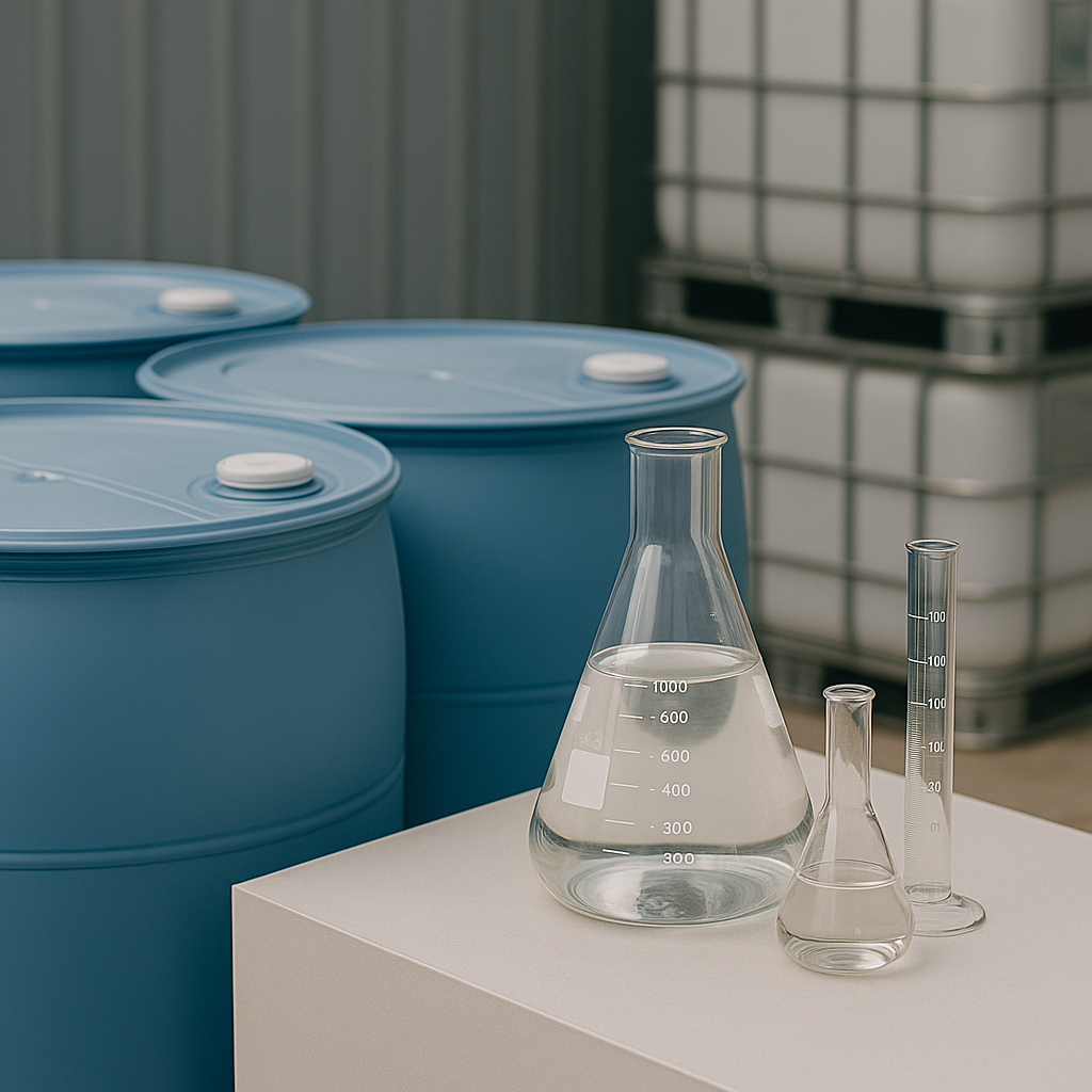 Interior view of chemical warehouse with neatly stacked drums and carboys.